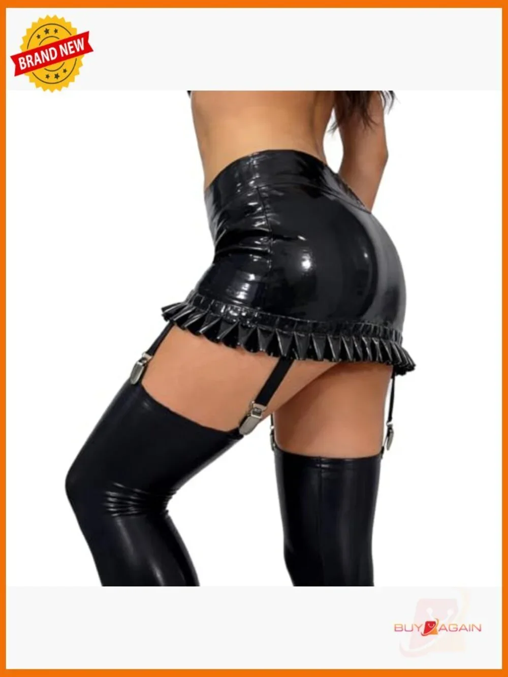 Latex Rubber Mini Skirt with Garter Belts, 4 Straps, Pull-On Closure